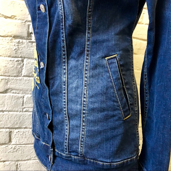 LulaRoe Jaxon gold roses blue denim jacket XS - Picture 4 of 7